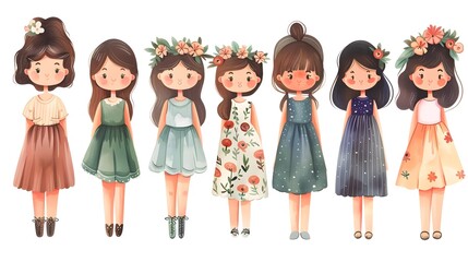 Obraz premium Colorful Illustrated Portraits of Diverse and Charming Women in Floral Dresses and Flower Crowns Capturing a Whimsical and Vibrant Aesthetic