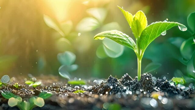 Fresh young plant sprouting with water droplets in sunlight