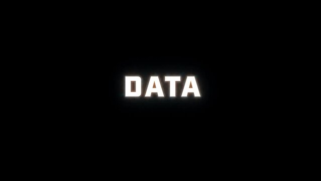 4K text reveal of the word "data" on a black background. The letters rise up letter by letter and are then surrounded by a subtle neon glow with animation behind, ending with a fade to black.