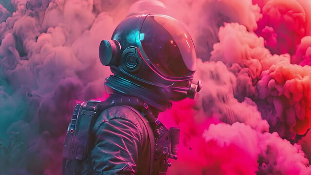 Astronaut in colorful smoke exploring alien landscape