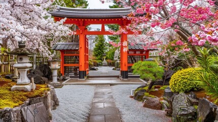 Shinto temple in zen garden with red torii gate and cherry blossom tress
