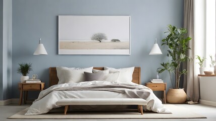Wall art mockup above bed, modern minimalist bedroom interior background, interior design with light blue color walls theme of the room