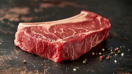 Close-up view of a raw Porterhouse steak, showcasing its fresh, marbled texture, premium beef quality on an isolated background, studio lighting