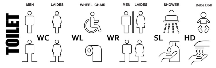 Toilet line icon set. WC sign. Man, woman, shower, mother with baby, handicap symbol. Restroom for male, female, disabled pictograms handicapped, baby seat, shower)