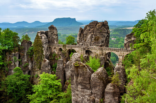 Bastei Bridge and Mesa Lilienstein, Saxon Switzerland, Saxony, Germany, Europe.