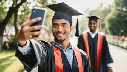 smiling graduate taking selfie with friends on smartphone