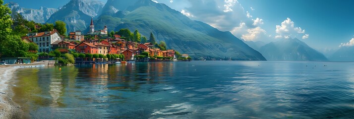 Mountain town by a lake realistic nature and landscape
