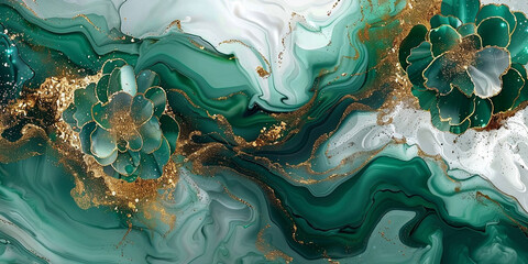 flower marble texture with abstract green, white, glitter and gold background alcohol ink colors  