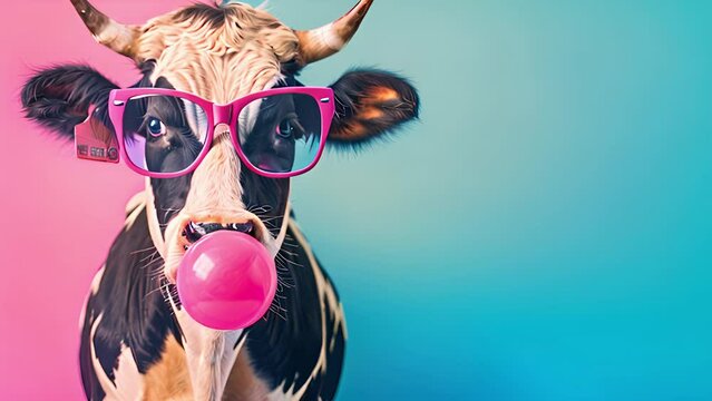 Cool cow with sunglasses blowing bubble gum on colorful background