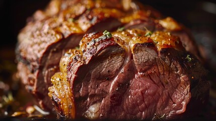 Close-up of medium-well Coulotte beef, showing the cooked interior and grilled exterior, with focused studio lighting for advertising