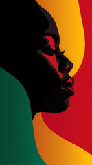 Black woman in profile with red yellow green black colors background. Juneteenth representing freedom and equality