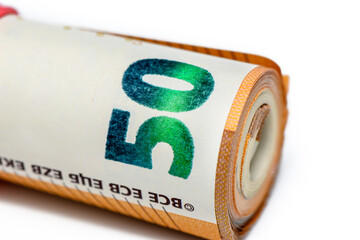 Roll of money. Roll of 50 euro banknotes.