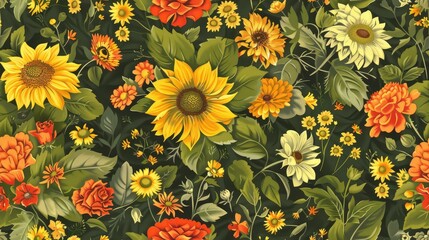 Seamless pattern with compositions of Sunflower Carnation Zinnia flowers