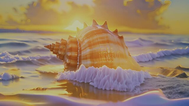 Golden sunset shell on the beach with ocean waves