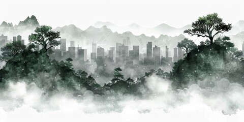 Urban Greening Concept with Chinese Ink Painting Generative AI