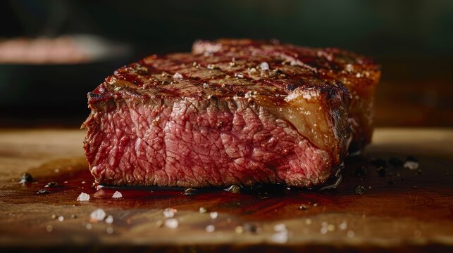 Close-up of a medium-well Tomahawk steak, focusing on the slightly pink interior and well-seared exterior, advertising clarity in studio light