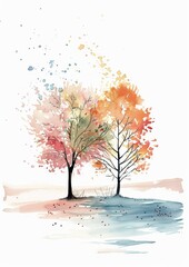 Whimsical Watercolor Illustration of Four Seasons for Children's Book Generative AI