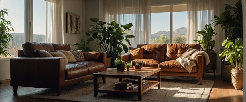 Cozy living room interior with a lether sofa wooden table and pot of flowers