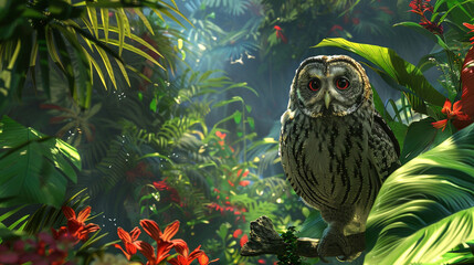 animated jungle teeming with exotic wildlife and lush vegetation where a wise old owl serves as a knowledgeable guide leading curious explorers on a journey of discovery