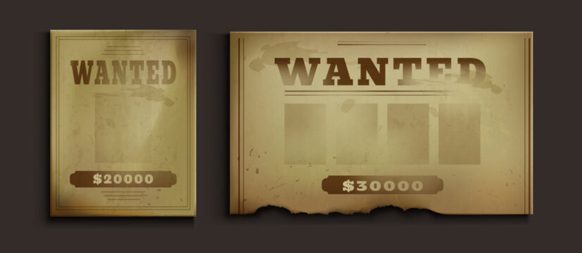 Old western wanted paper poster for reward vector template. Criminal cowboy frame for saloon from sheriff. Grunge distressed parchment with blank photo for bounty notice and search gangster mockup
