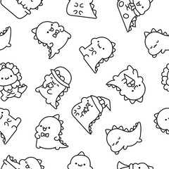 Cute kawaii baby dragon. Seamless pattern. Coloring Page. Funny little dinosaur cartoon character. Hand drawn style. Vector drawing. Design ornaments.