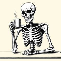 Skeleton Holding Coffee Mug Illustration Style