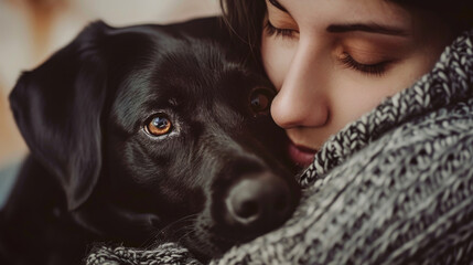 A tender moment of companionship between a woman and her dog