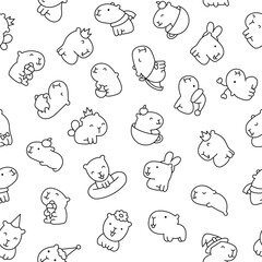 Cute cartoon kawaii capybara. Seamless pattern. Coloring Page. Animal funny characters. Hand drawn style. Vector drawing. Design ornaments.