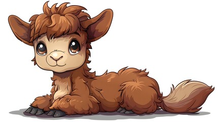 Naklejka premium Cute Brown Cartoon Alpaca or Llama Character in Relaxed Pose