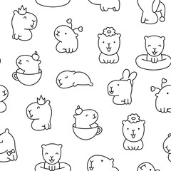 Cute cartoon kawaii capybara. Seamless pattern. Coloring Page. Animal funny characters. Hand drawn style. Vector drawing. Design ornaments.