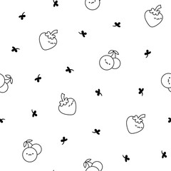 Kawaii cartoon farm characters. Seamless pattern. Coloring Page. Cute animals, nature, vegetables, fruits, flowers. Hand drawn style. Vector drawing. Design ornaments.