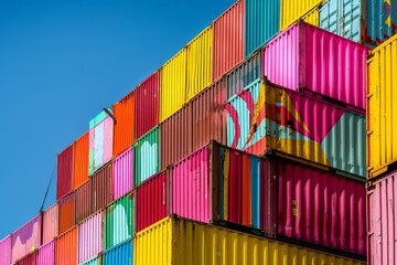 Fototapeta premium A vibrant and colorful composition of stacked shipping containers against the clear blue sky