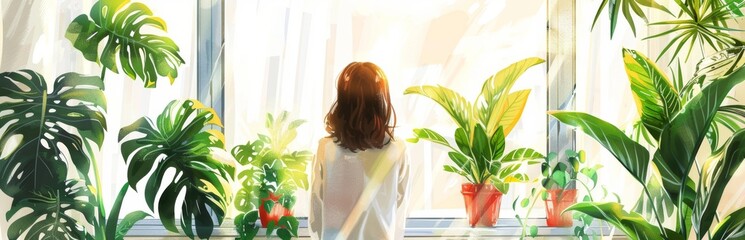 Cozy Window Sill with Tropical Plants and Sunny Forest Background Generative AI
