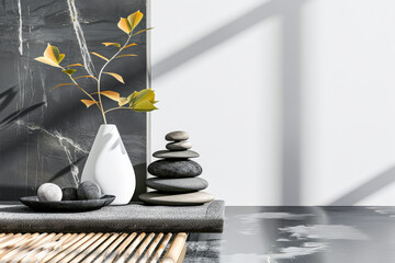 Minimalist zen interiors decor composition with contrasting colors. Interior design composition with copyspace. 16