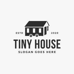 Minimalist tiny house trailer logo vector icon on white background