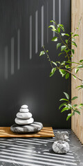 Minimalist zen interiors decor composition with contrasting colors. Interior design composition with copyspace. 16