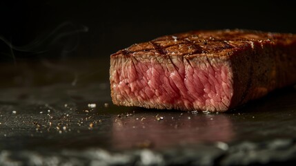 Advertising-ready close-up of a medium-well Rib Eye steak, showing the juicy interior and perfect sear, studio lit for maximum appeal