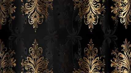 Black luxury cloth, silk satin velvet, with floral shapes, gold threads, luxurious wallpaper,...