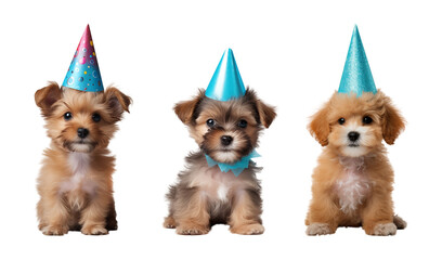 Fluffy puppy wear party hat isolated transparent background