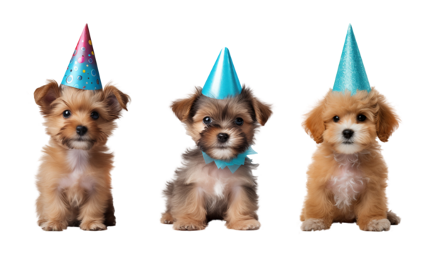 Fluffy puppy wear party hat isolated transparent background