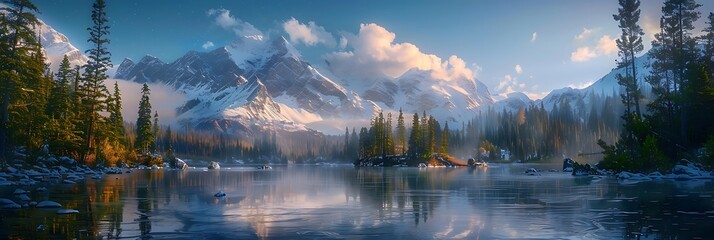 Mountain valley with snow, forest and lake at foot, Rocks are reflected in river, Melting glacier...