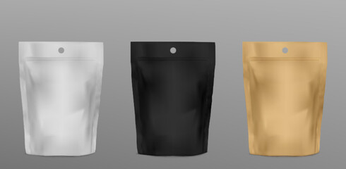 White stand pouch bag. Food doypack zipper mockup. 3d blank plastic coffee, tea or snack sachet package design. Isolated kraft detergent container advertising template. Cosmetic packet for branding © klyaksun