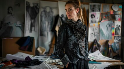 The picture of the fashion designer in the studio that has been filled with paper of drawing on wall of the room, the designer require skills like fabric knowledge, creativity, fashion trends. AIG43.