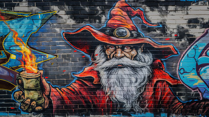 Pop art comic street graffiti with a wizard on a brick wall. Fantastic background.	