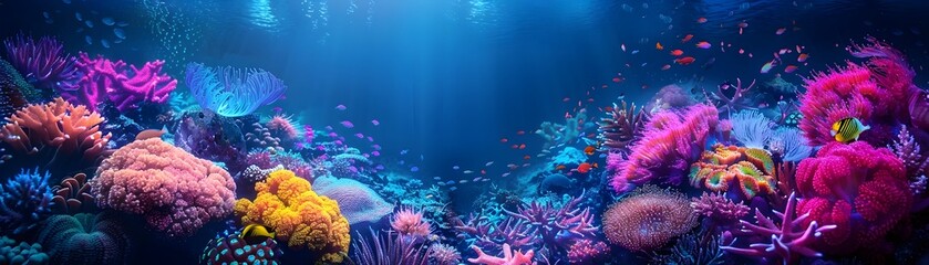 Vibrant Underwater Seascape with Neon Coral and Bioluminescent Marine Life Glowing in the Depths of the Ocean