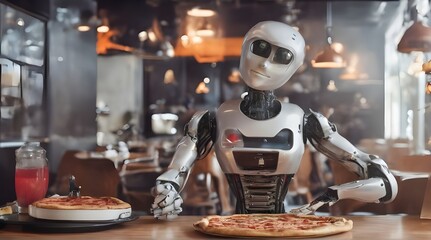 the robot prepares pizza. Robot assistant in the kitchen, cafe. The robot is carrying pizza. generative.ai
