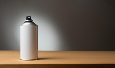 plain white metal spray can aerosol sprayer mockup on wood table with blank space. 3d render. ai generative