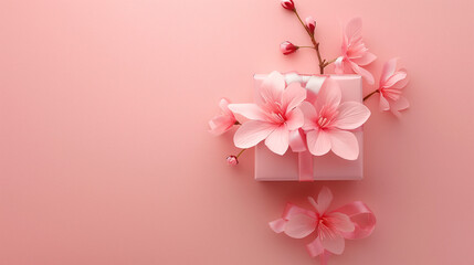 Fototapeta premium Soft pink background with a beautifully wrapped gift box and flowers. Perfect for adding text overlays, creating social media graphics, or designing invitations.