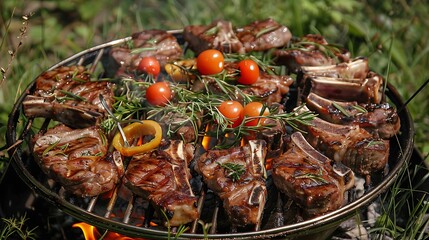 Grilled meat in grill roasting steaks and vegetables bbq in a round grill in a meadow summer picnic outdoors