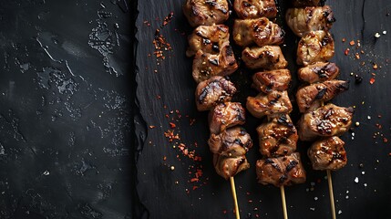 Grilled meat skewers shish kebab on black background top view